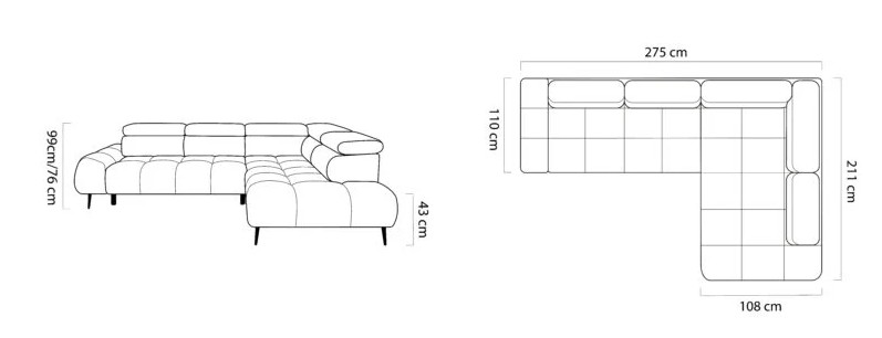 Sedacia súprava BLUES L – rozmery 275 x 211 cm, výška 99/76 cm, sed 43 cm